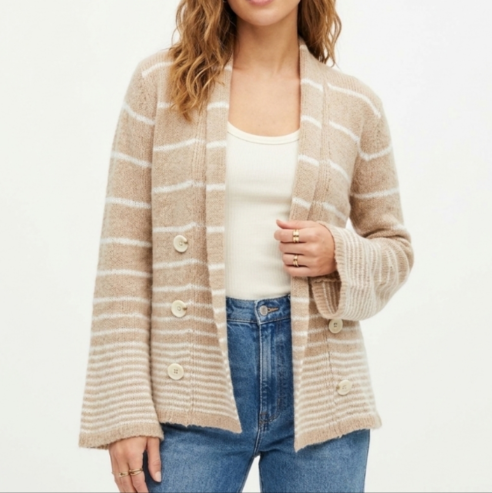 Free People Striped Open Front Cardigan Tan Cream Decorative Buttons Large Boho